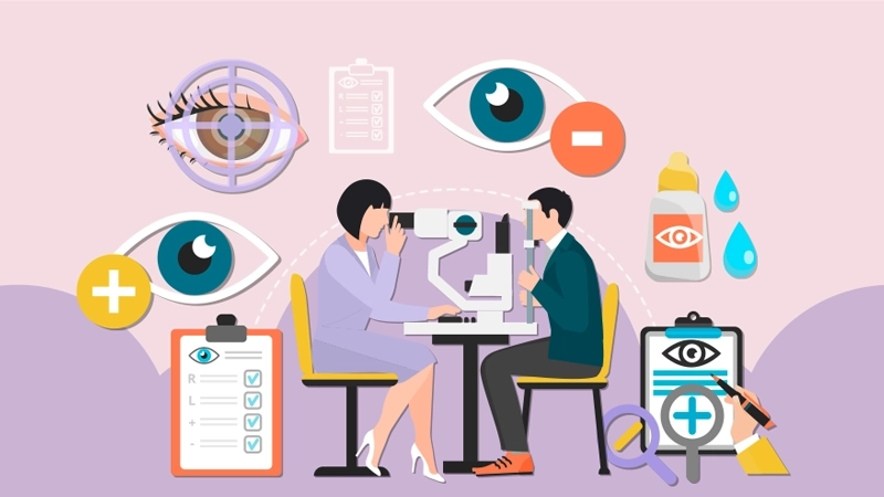 Illustration of a comprehensive eye test, showing an optometrist and patient with symbols for vision correction, eye drops, prescription charts, and vision tests.