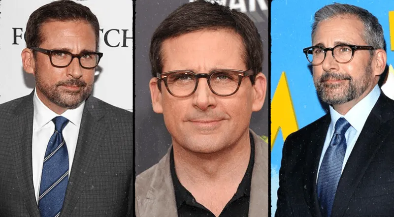 The Top 5 Steve Carell Glasses & Sunglasses for That Charismatic Appeal Collage of Steve Carell in three different pairs of glasses, from classic dark frames to rounded tortoiseshell.
