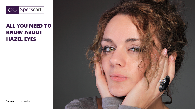 A woman with curly hair and bright hazel eyes poses next to the blog title "All you need to know about hazel eyes" against a dark background.