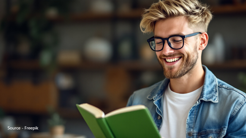 A handsome, smiling man with stylish blonde hair and black square glasses reads a green book, symbolising the use of low prescription lenses for near tasks.
