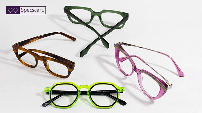 How the Shape of the Frame Affects Your Prescription? A collection of square, geometric, and cat-eye glasses illustrating how different frame shapes accommodate various lens prescriptions.