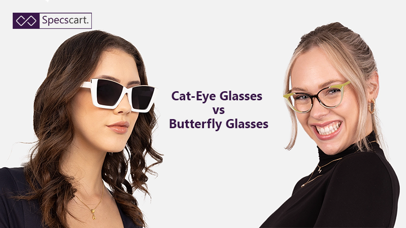 Two women model contrasting frame styles. The left wears chunky white butterfly sunglasses, and the right wears colourful, thin cat-eye prescription glasses with a lime green accent.