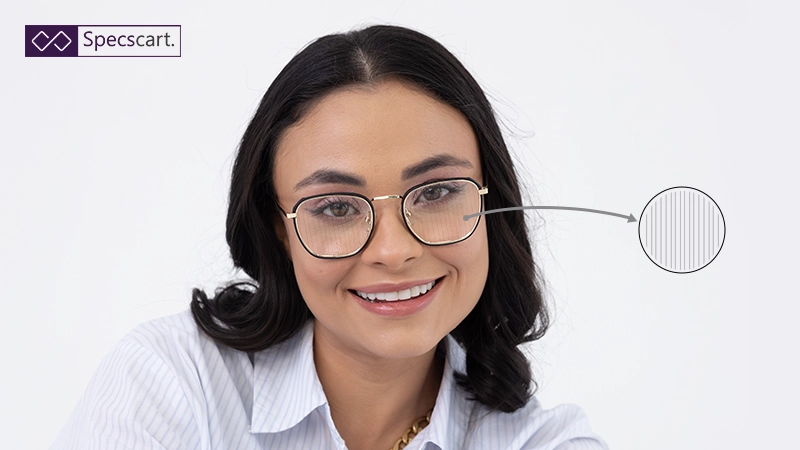 A woman wearing Specscart prism glasses, with a magnified graphic showing vertical lens lines used to correct double vision and eye alignment.
