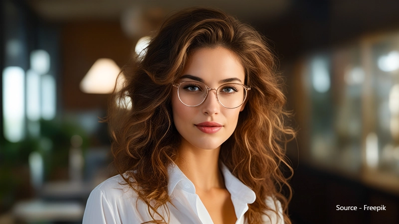 A young woman with long, wavy brown hair and a white collared shirt gazes directly ahead. She is wearing light-rimmed, slightly oversized round glasses.