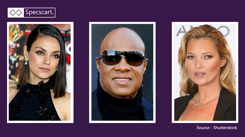 A triptych of three celebrities: Mila Kunis, Stevie Wonder wearing dark sunglasses, and Kate Moss, who have all dealt with various eye conditions.