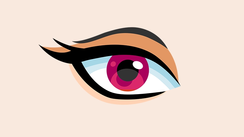 Stylised illustration of an eye with a bright violet-red iris and black winged eyeliner on a light background.