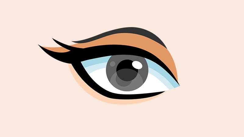 Stylised illustration of an eye with a cool grey iris and black winged eyeliner on a tan background