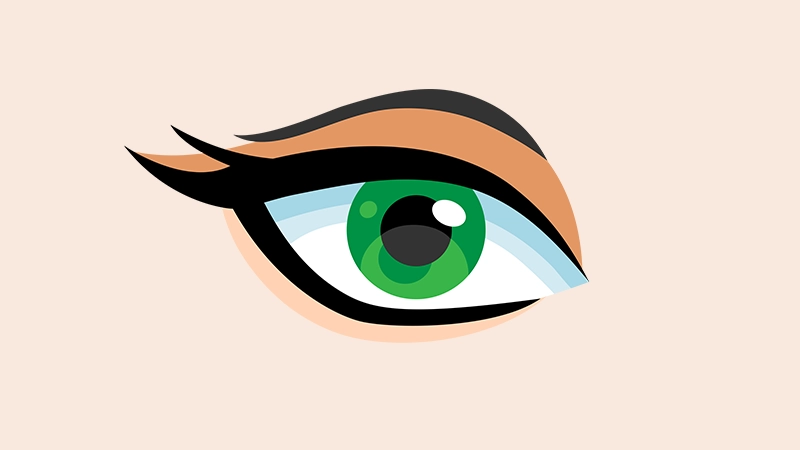 Stylised illustration of an eye with a vibrant green iris and black winged eyeliner on a tan base.