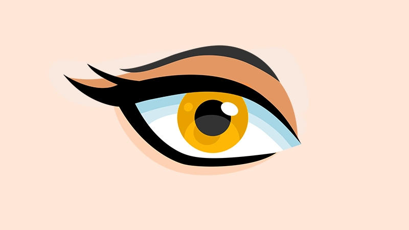 Stylised illustration of an eye with a golden-amber iris and black winged eyeliner on a light background.