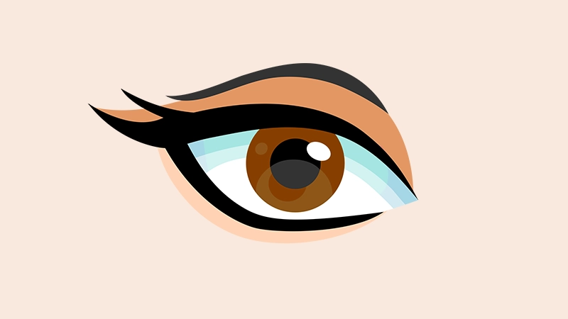 Stylised illustration of an eye with a hazel iris and black winged eyeliner on a light background.