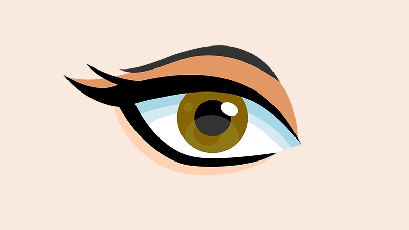Stylised illustration of an eye with a light brown iris and black winged eyeliner on a light background.