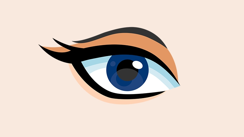 Stylised illustration of an eye with a vibrant blue iris and black winged eyeliner on a light background.