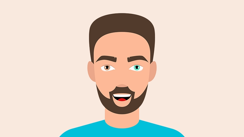 Illustration of a man with heterochromia, featuring one brown eye and one teal eye.