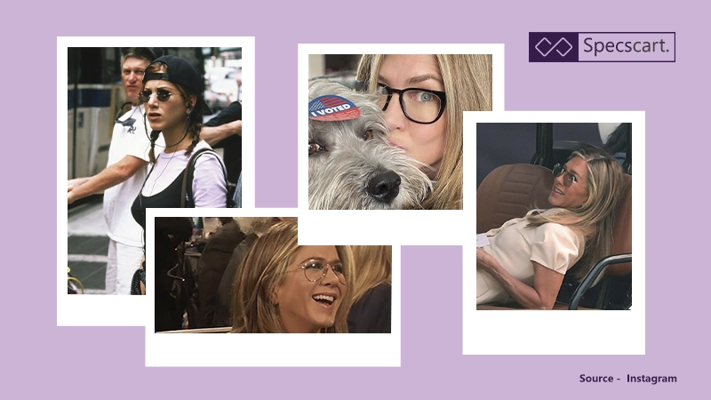 A four-image collage of Jennifer Aniston wearing different styles of glasses. She is shown in round sunglasses, black-framed glasses with a dog, and thin metal-framed prescription glasses, smiling.