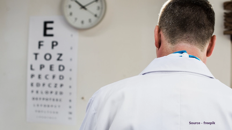 View from behind an optometrist in a white lab coat looking at a Snellen eye chart on a wall, used for testing distance visual acuity.