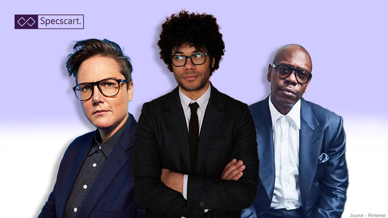 Comedians Hannah Gadsby, Richard Ayoade, and Dave Chappelle wearing iconic black-framed glasses.