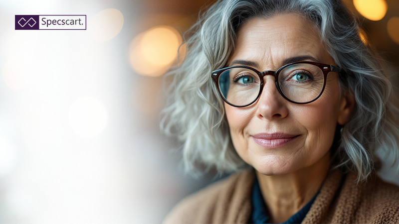 Smiling woman with wavy grey hair and green eyes wearing stylish dark tortoiseshell oval glasses