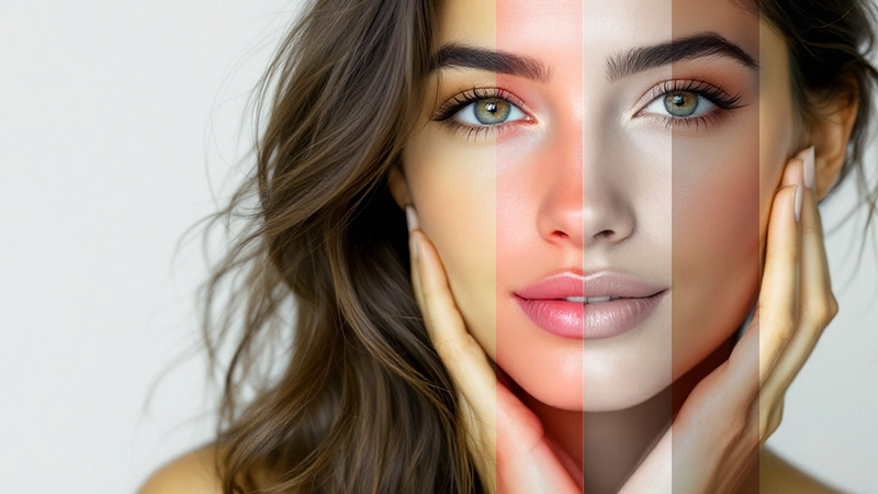 Close-up of a woman's face with color overlays demonstrating warm, neutral, and cool skin undertones for eyewear matching.