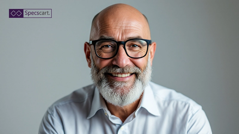 A bald, bearded man with a grey beard and warm smile looks directly at the camera. He wears a white collared shirt and rectangular black-framed glasses.