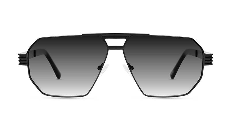 Black geometric pilot sunglasses with dark grey gradient lenses, highlighting stylish gradient tint options.