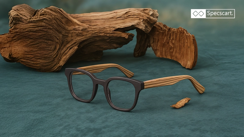 Modern eyewear featuring eco-friendly wooden arms, highlighting a sustainable and natural aesthetic.