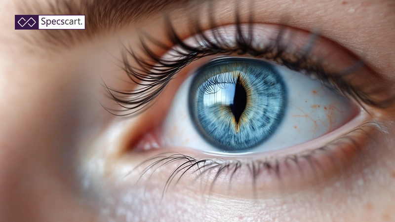 Macro photo of a blue eye with a vertical, slit-shaped pupil mimicking the look of a cat's eye.