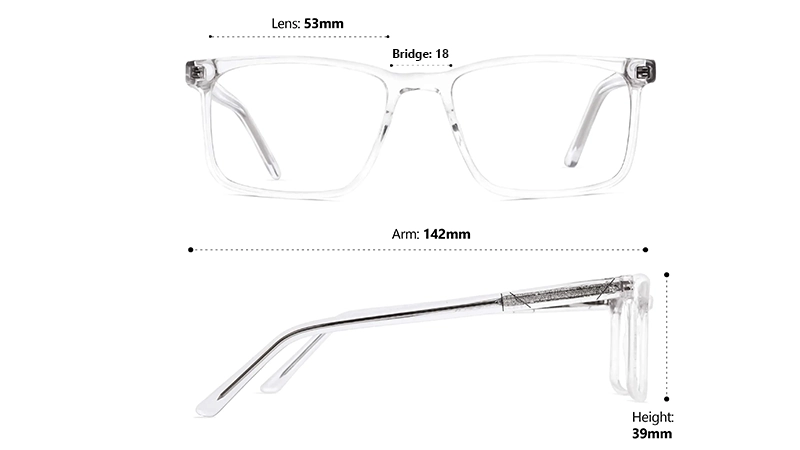 Clear glasses size diagram showing 53mm lens, 18mm bridge, 142mm arm, and 39mm height.