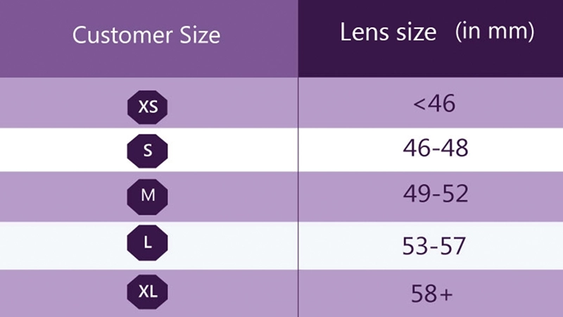 Chart showing lens sizes in mm for customer sizes XS, S, M, L, and XL