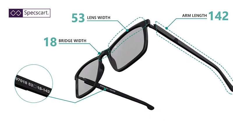 Eyeglass size guide, featuring black frames labelled with lens width 53, bridge width 18, and arm length 142.