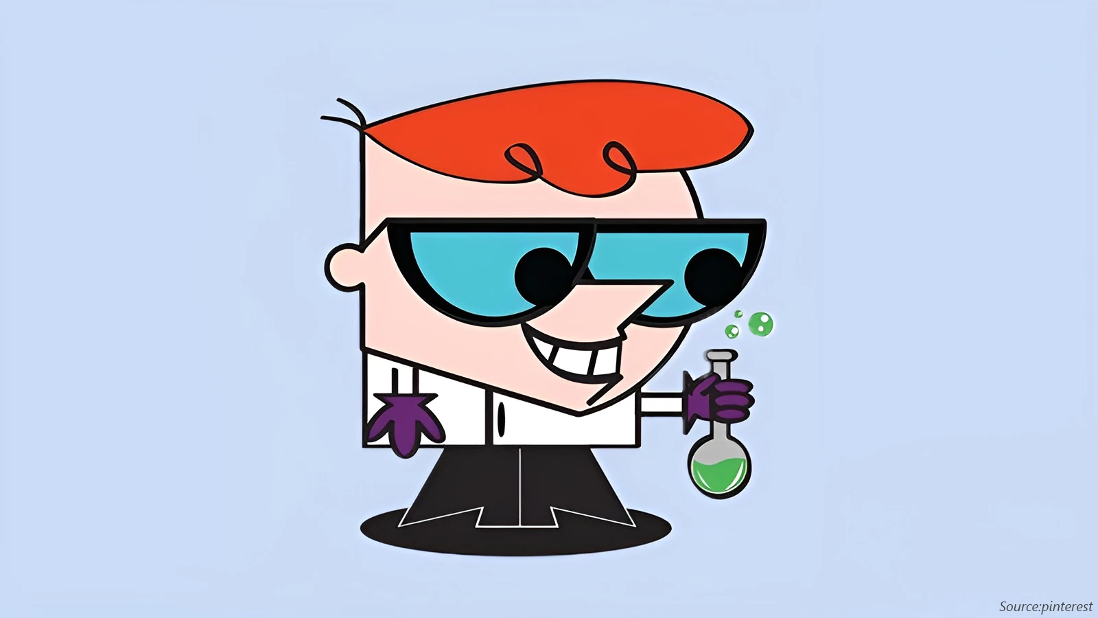 The cartoon character Dexter from Dexter's Laboratory smiles, wearing a white lab coat and purple gloves. He has red hair, large black-framed glasses, and holds a flask with green bubbling liquid.
