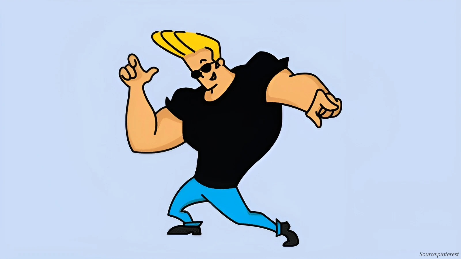 The cartoon character Johnny Bravo strikes a pose, showing off his muscles. He has slicked-back blond hair, wears a black T-shirt, and his signature black sunglasses against a light blue background.
