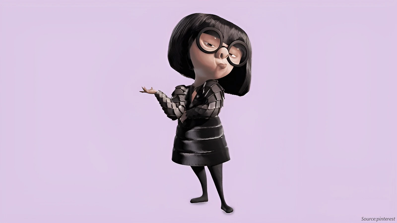 The character Edna Mode from The Incredibles stands on a light purple background. She wears an avant-garde black outfit, has a bob haircut, and her large, round black glasses.