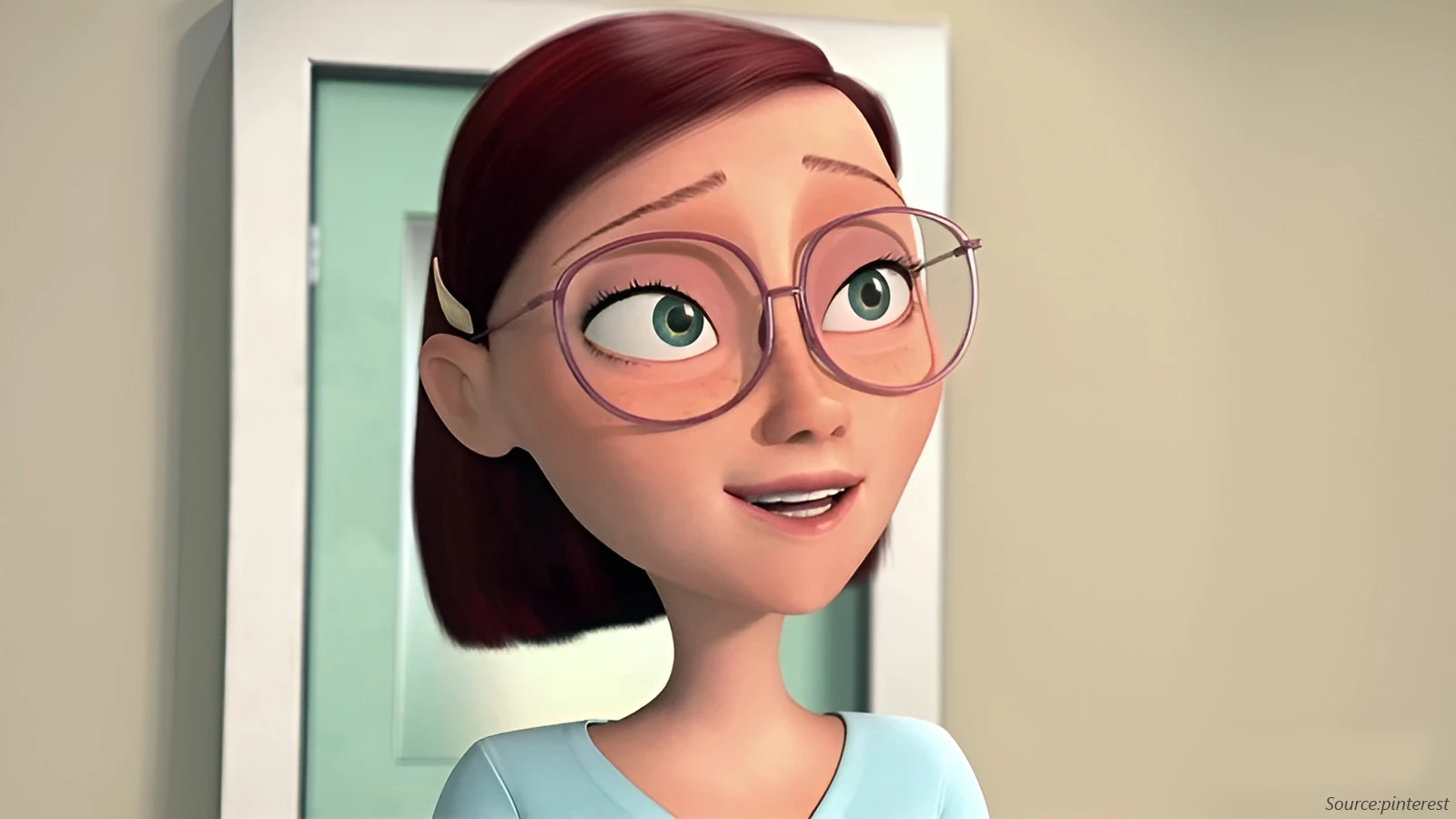 A close-up of Linda from the movie Rio. She has reddish-brown hair and green eyes, and is smiling while wearing large, round, light purple-framed eyeglasses.