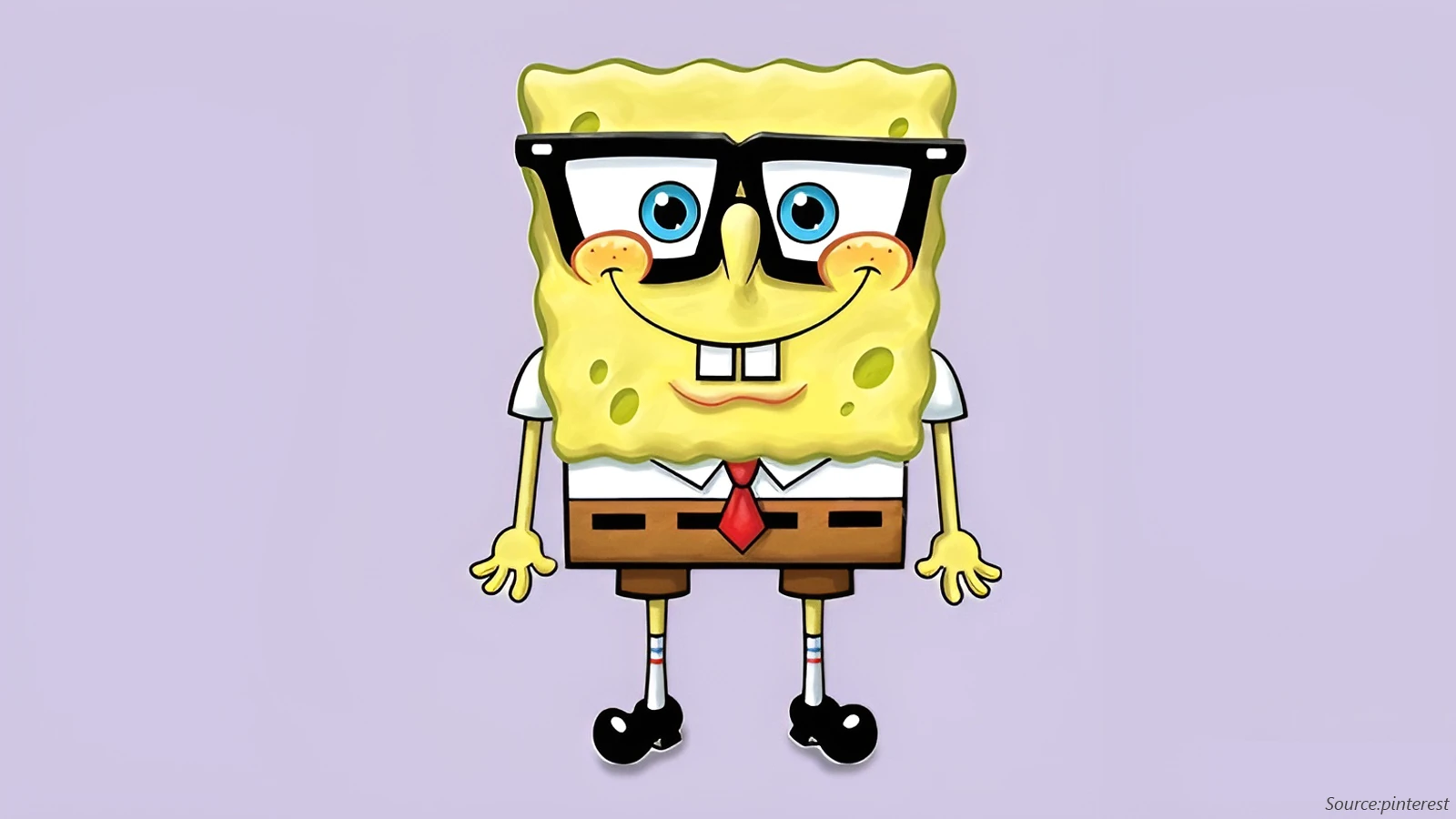 The cartoon character SpongeBob SquarePants is in a white shirt and a red tie. He smiles widely, wearing large, thick-rimmed black glasses over his blue eyes against a light purple background.