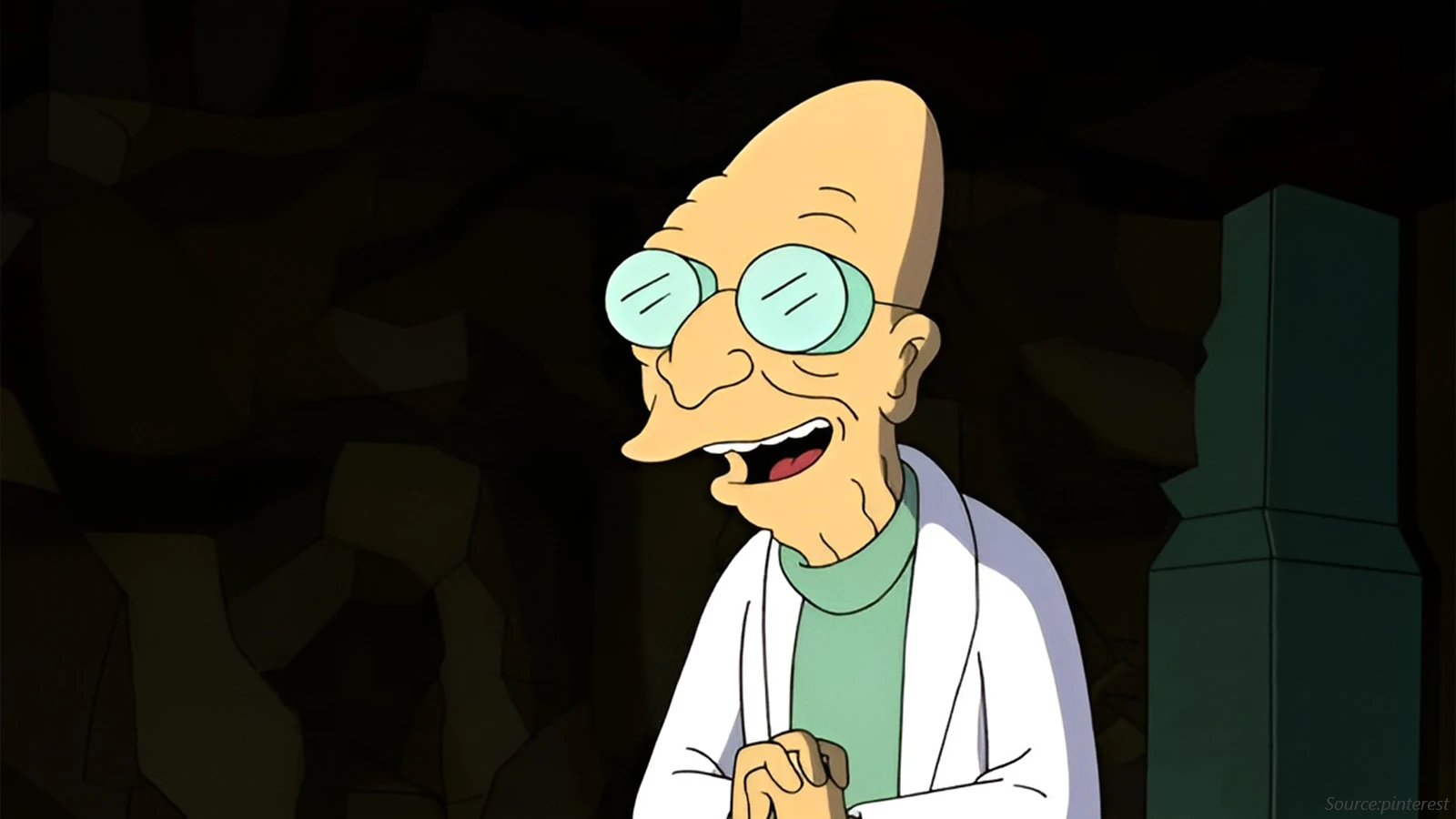 The cartoon character Professor Farnsworth from Futurama smiles and clasps his hands. He is wearing a white lab coat, a light green turtleneck, and round, wire-rimmed glasses