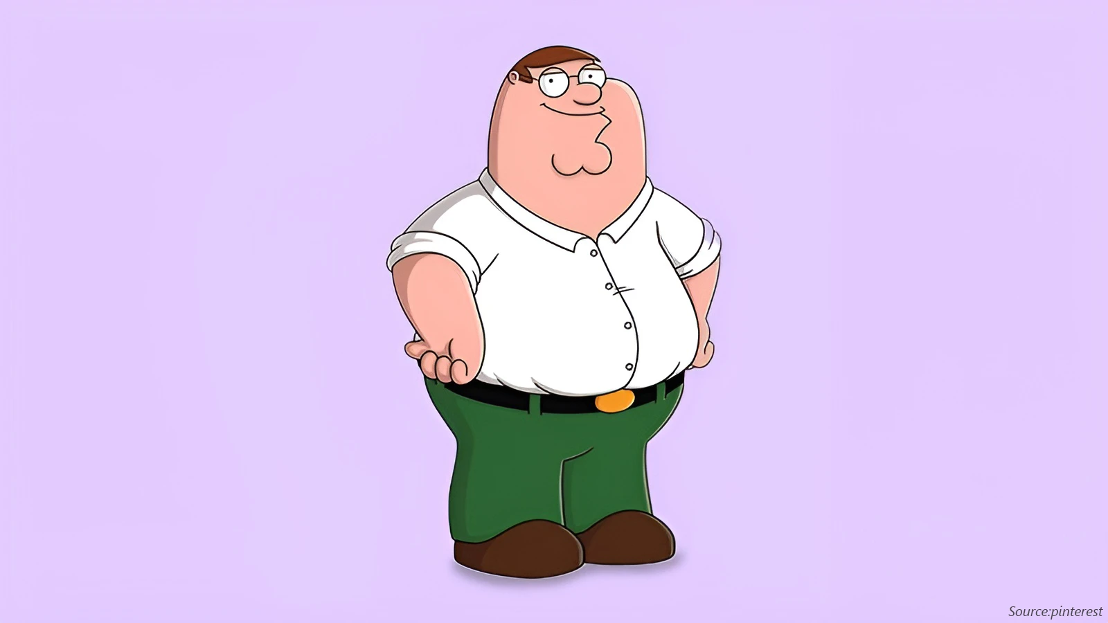 The cartoon character Peter Griffin from Family Guy stands smiling with his hands on his hips. He wears a white short-sleeved shirt, green pants with a black belt, and round-framed eyeglasses.