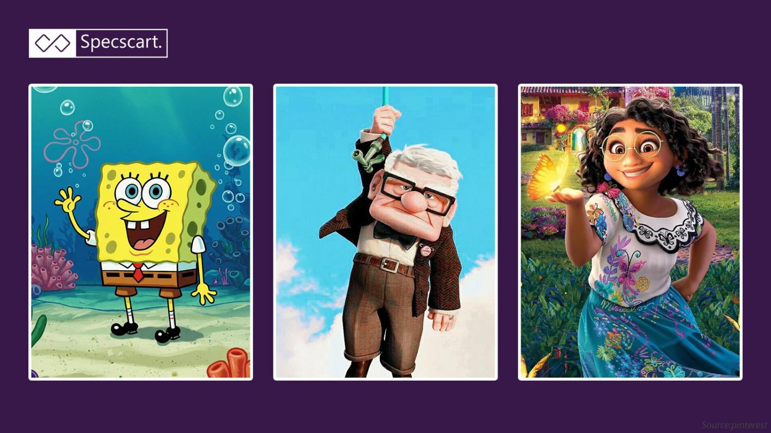 Three vertical panels featuring cartoon characters who wear glasses: SpongeBob SquarePants, Carl Fredricksen from Up, holding a balloon, and Mirabel Madrigal from Encanto with a glowing butterfly.