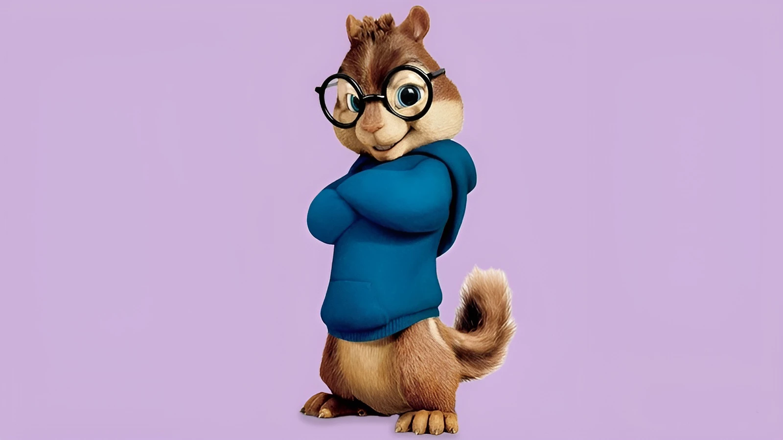 A CGI-animated chipmunk named Simon stands with his arms crossed. He wears a blue hooded sweatshirt and his trademark large, round black eyeglasses against a light purple background.