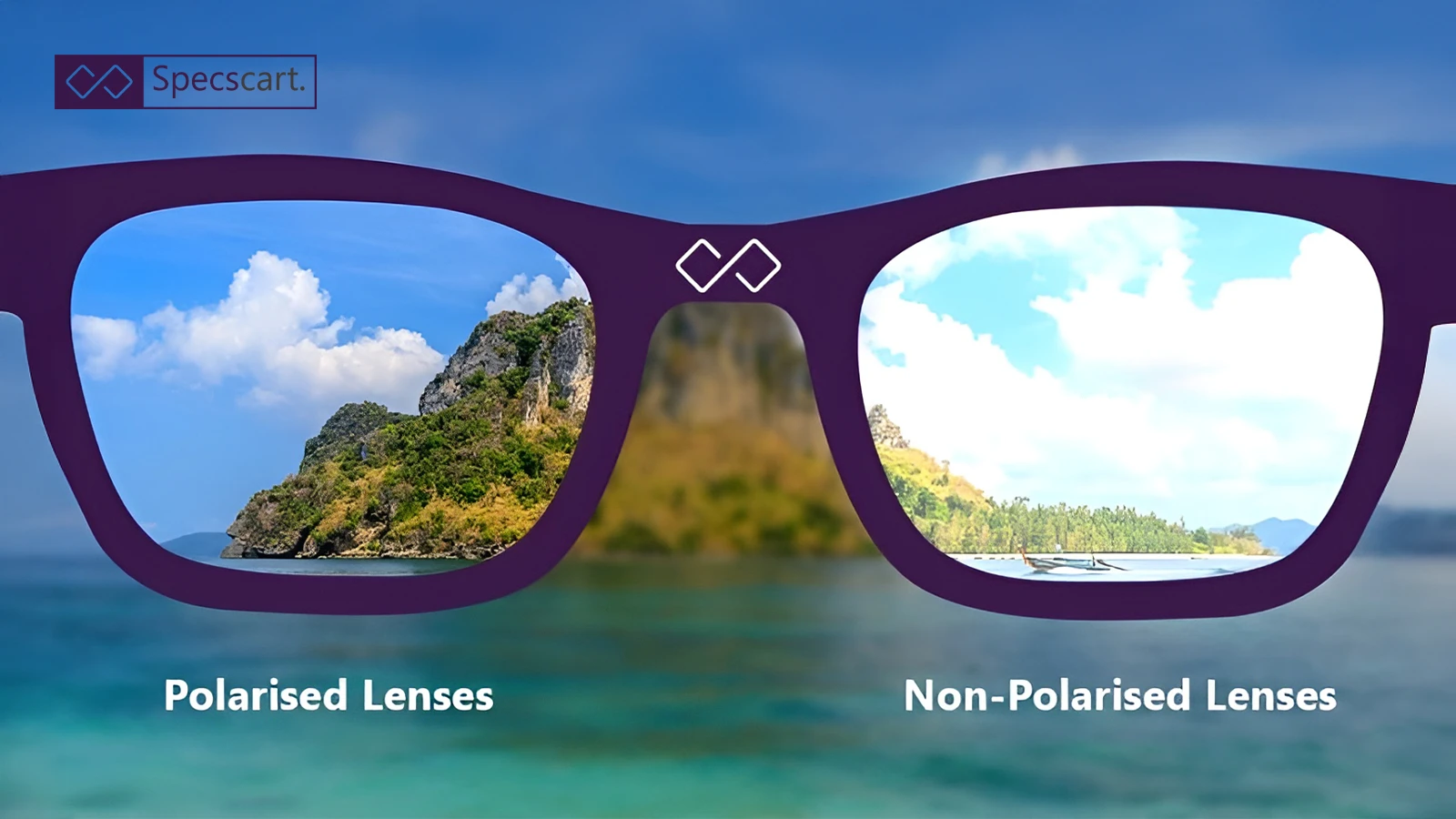 Comparison of polarised vs non-polarised lenses, showing reduced glare and vivid colours through the polarised lens.