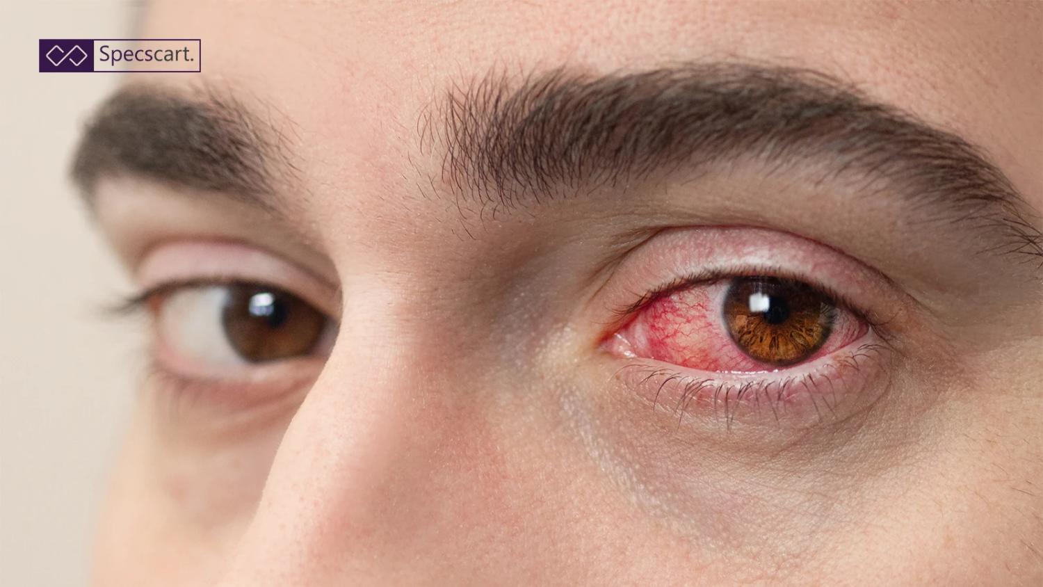 Close-up of brown eyes, with one eye showing severe redness and inflammation in the white part.