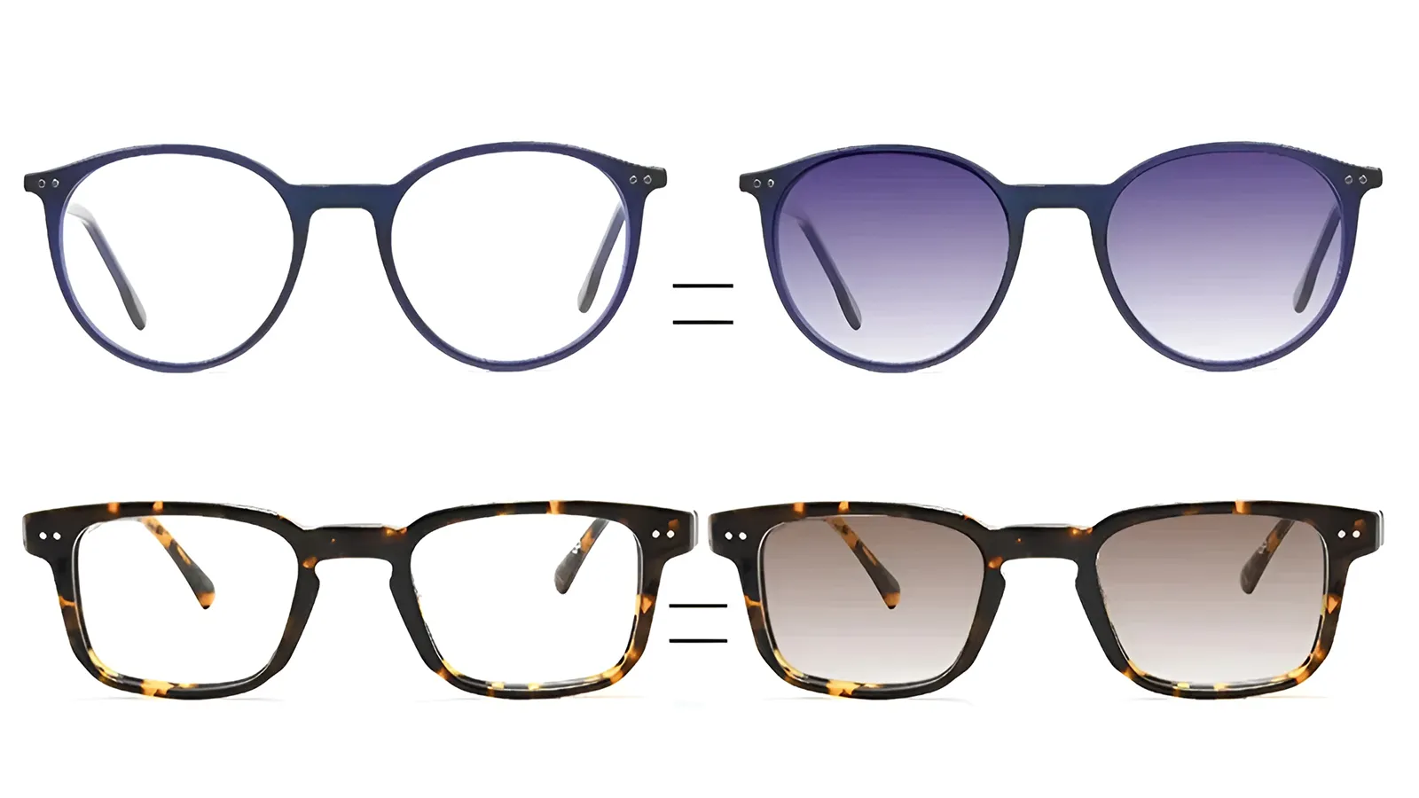 Navy frames with purple tint and tortoise frames with brown tint, showing how to colour-coordinate specific frame styles with transition lens colours.