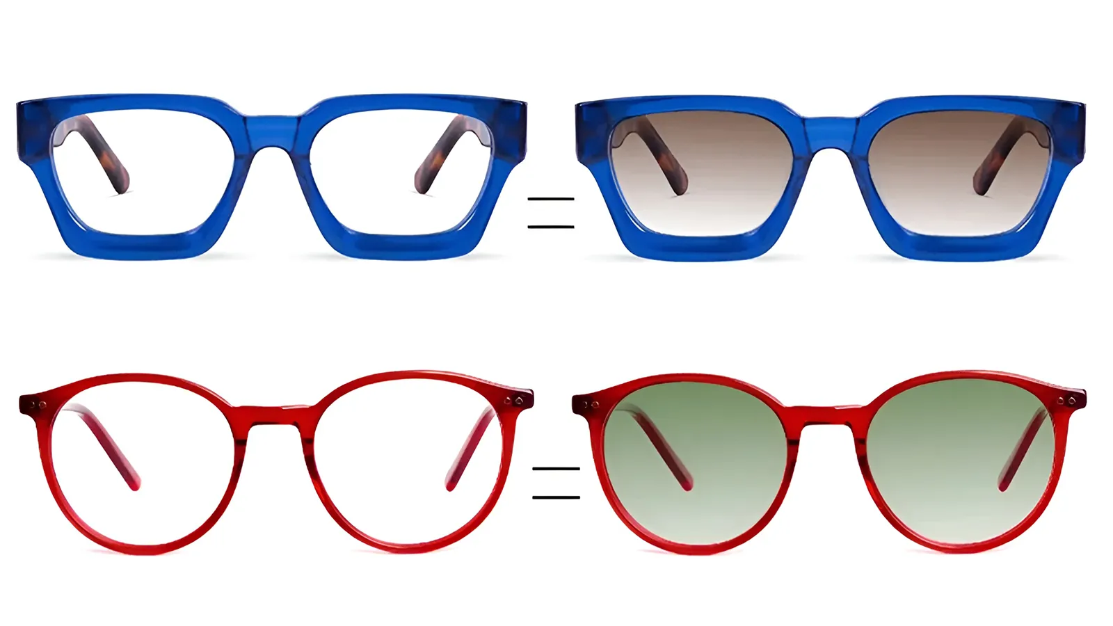 Bold blue frames with brown tints and red frames with green tints, illustrating the "Analogous Method" of pairing contrasting frame and lens colours.