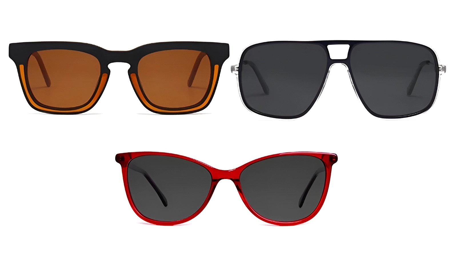 Three distinctive frames shown with fully darkened Transitons lenses, including black pilots and red cat-eyes, ideal for outdoor glare protection.
