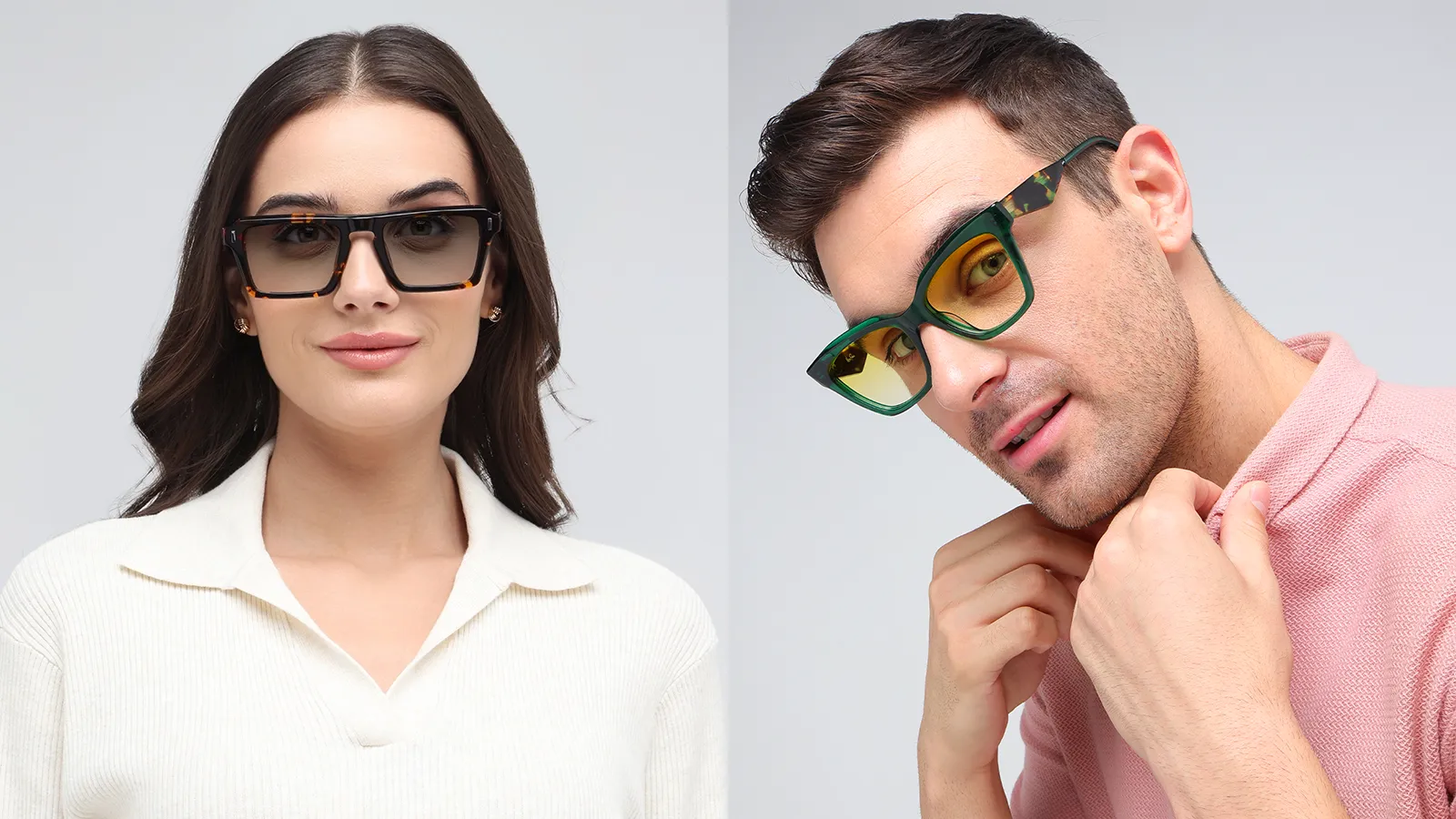 A woman wears dark rectangular Transitions glasses while a man models green-tinted Transitions glasses, demonstrating how Transitions lenses look stylish on different face shapes.