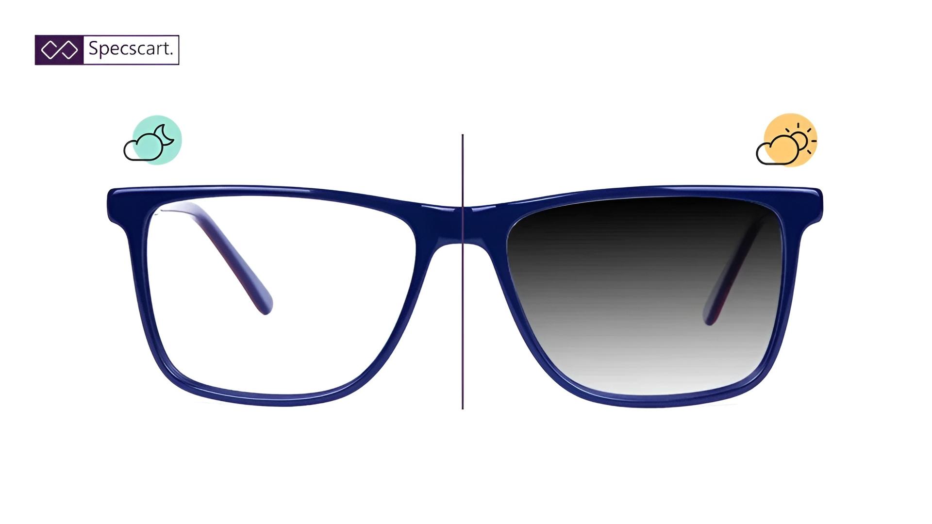 Diagram showing photochromic lenses changing from clear under a moon icon to dark grey under a sun icon, illustrating how they adapt to light conditions.