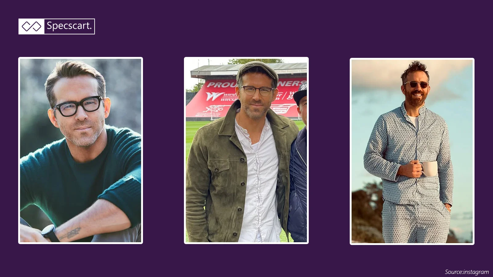 5 Ryan Reynolds Eyewear Styles You Can Copy Easily Ryan Reynolds in thick black glasses, clear frames with a flat cap, and pilots holding a coffee mug.