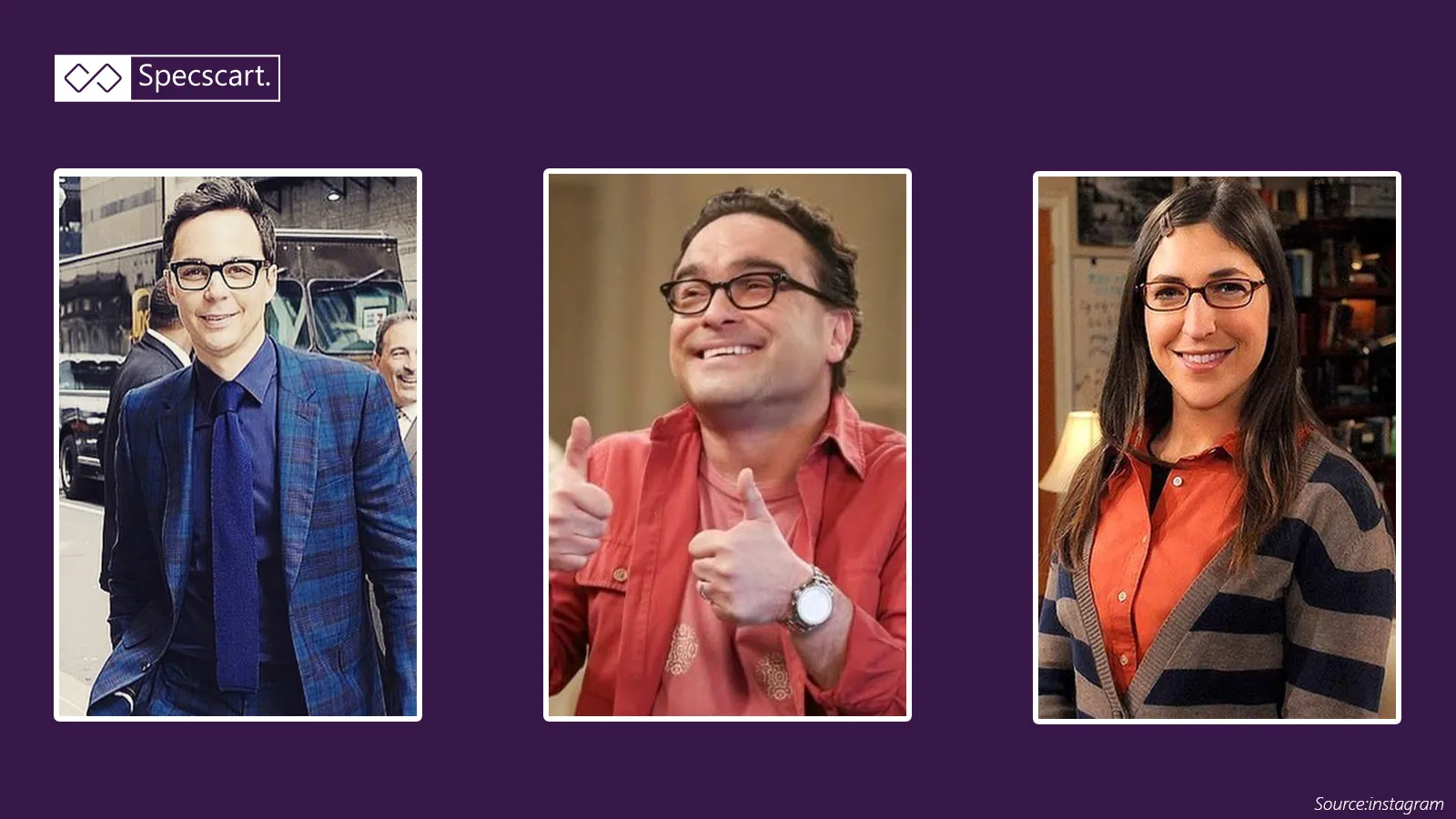 The Big Bang Theory main cast in glasses: Jim Parsons, Johnny Galecki (Leonard), and Mayim Bialik (Amy), each wearing black rectangular frames.