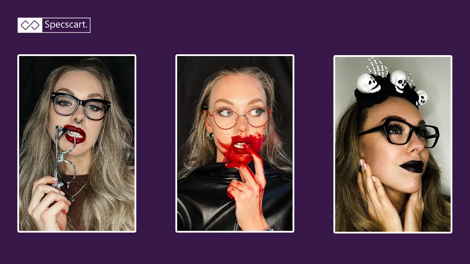 Collage of three Halloween makeup looks for glasses wearers: a glamorous vampire, a gory zombie with red cat-eye frames, and a spooky skeleton look.