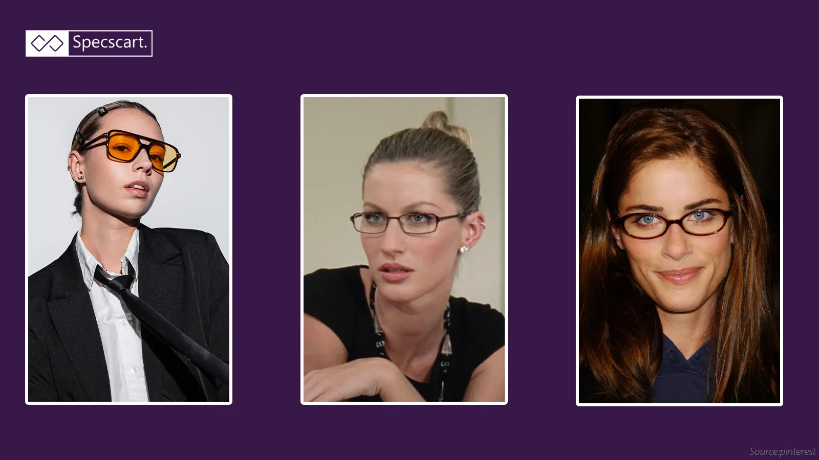 Why Everyone’s Obsessed With the 2000's Eyeglasses Again? This image showcases a range of eyeglass styles. The left image features bold, yellow-tinted, rectangular sunglasses. The center and right images show two women wearing small, slim-framed prescription glasses, reflecting early 2000s trends.
