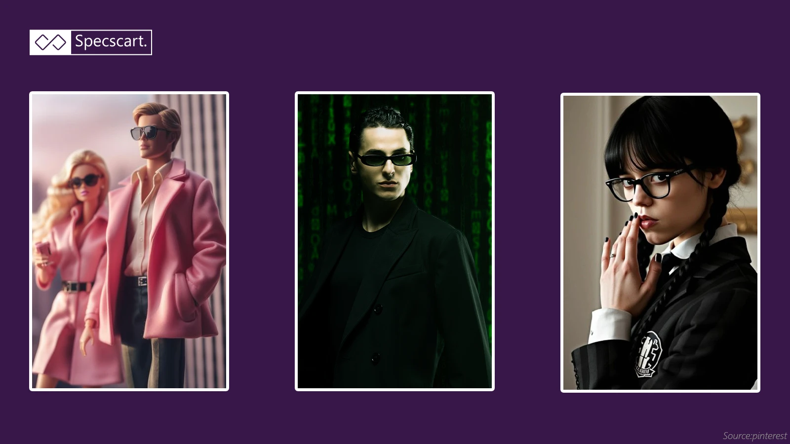 Collage of retro and pop culture-inspired looks for Halloween. Barbie and Ken style couple in pastel outfits, Matrix-inspired Neo in a black trench coat with tiny oval sunglasses, and Wednesday Addams in gothic pigtails with a black dress